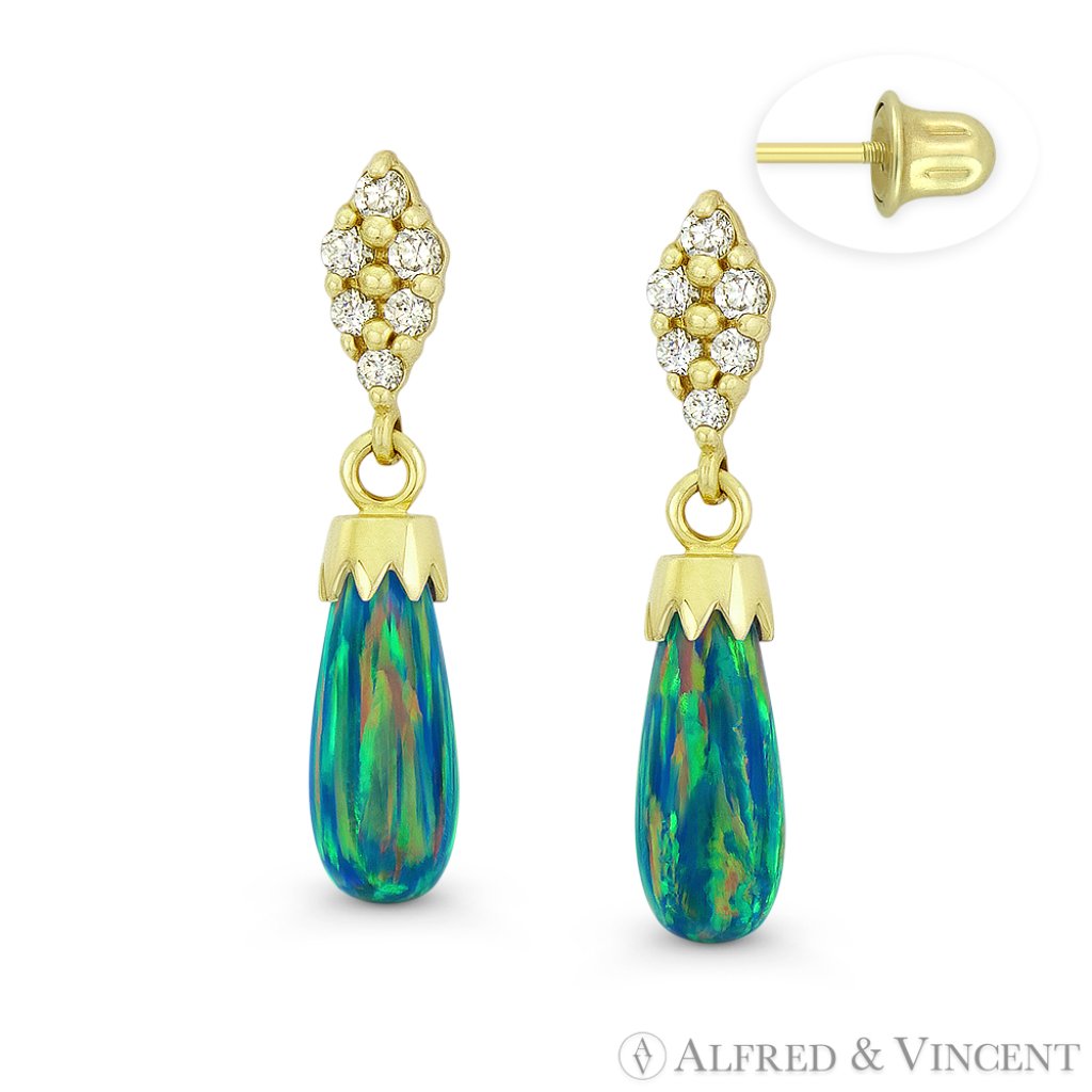 Fiery Peacock-Blue Opal Dangling Earrings 14k Gold 96$